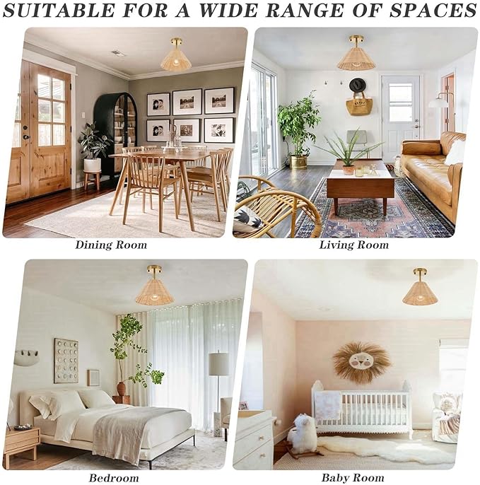 Boho Gold Semi Flush Mount Ceiling Light, Farmhouse Rattan Ceiling Light Fixture with Hand-Woven Natural Cage Shade, Modern Mini Chandelier Rustic Retro Lights for Bedroom Hallway Entryway Dining Room