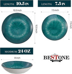 Bestone Porcelain Dinnerware Sets Service for 4, 12 pcs Hand drawn Plates and Bowls Sets, Handmade Ceramic Dish Set, Chip Resistant Modern Plate Set, Dishwasher/Microwave Safe，Starburst Green