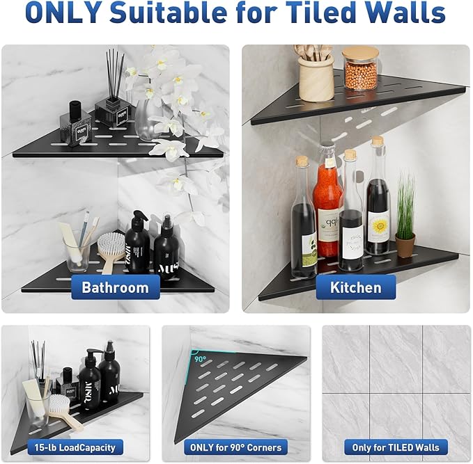 Corner Shower Shelf 10" Slot Design Recessed Shower Shelves for Tiled Wall, 304 Stainless Steel Corner Shelves for Bathroom Organizer, Matte Black, 2 Pack