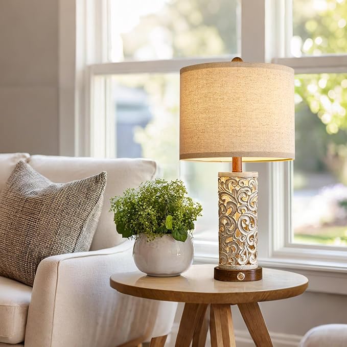 22" Dual Light Table Lamps Set of 2 for Living Room, Touch Lamp with 3-Level Dimming, USB A+C Table Lamp for Bedroom, Farmhouse Lamps for Night Stands(Brown, Bulb Included)