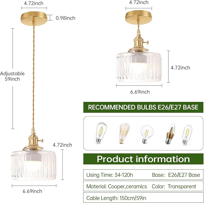 Battery Operated Pendant Light 5000mAh Rechargeable Chandelier with Remote Control Wireless Adjustable Hanging Clear Striped Light for Kitchen Island Dining Room Hallway, 2 Pack