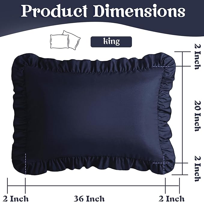 KKJIAF Ruffle Pillow Cases King Size Set of 2, Ruffled Pillow Covers with Envelope Closure, Wrinkle Resistant Ruffled Pillow Shams 20" x 36", Navy Blue