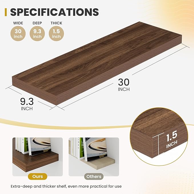 30 Inch Floating Shelves, 9.3" Deep Floating Shelf Wall Mounted, 30" Wall Shelves, Rustic Deep Bookshelf, Large Display Shelves & Storage Shelves for Bedroom, Living Room, Walnut, Set of 2