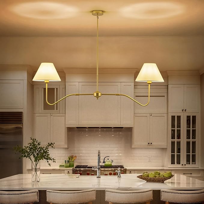 2-Light Gold Modern Linear Chandelier, 55 Inch Farmhouse Kitchen Island Lighting with White Fabric Shades, Dining Room Light Fixtures for Living Room Bedroom, Height Adjustable