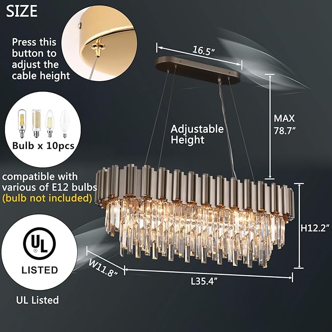 L35.4 Linear Modern Crystal Chandeliers Luxury Nickel Rectangle Chandelier for Dining Room Contemporary Oval Raindrop Pendant Ceiling Light Fixture for Kitchen Island Entryway Foyer 10 Lights