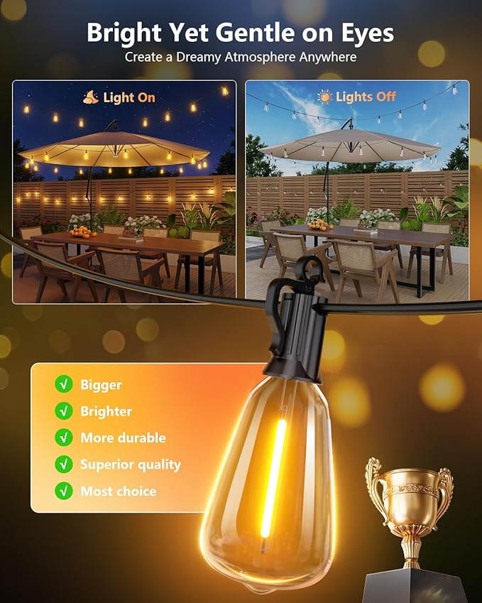 151FT Solar String Lights Outdoor Waterproof with Remote, 48+1 LED Shatterproof Bulbs, Dimmable & Timable, 3 Light Modes - Commercial Grade Patio Lights for Garden Backyard Party Decor