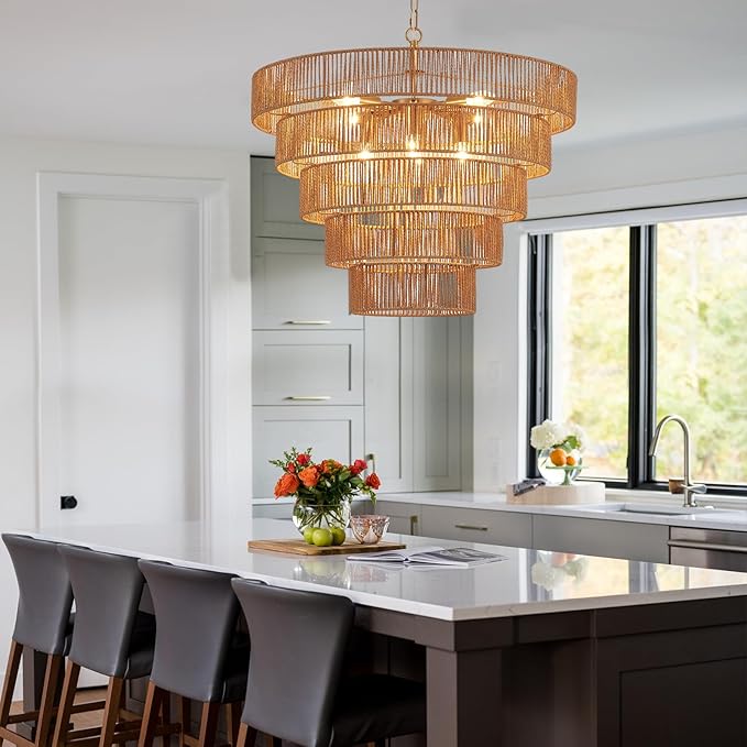 25.6" Large Rattan Chandelier Vintage Farmhouse 8-Lights Boho Hand-Woven Bamboo Chandeliers Light Fixture Drum Wicker Rattan Golden Chandelier for Dining Room, Kitchen, Living Room, Bedroom