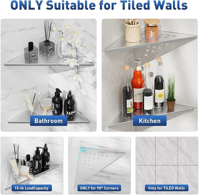 2 Pack Shower Corner Shelves, 304 Stainless Steel Recessed Bathroom Shelf for Tiled Wall, 10" Slot Design Organizer Corner Shelves for Inside Shower Decor (Silver, Cross)