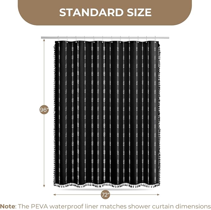 downluxe Linen Texture 3 in 1 Farmhouse Shower Curtain Set with Tassel, Boho Fabric Shower Curtains for Bathroom, Black, 72W x 96L