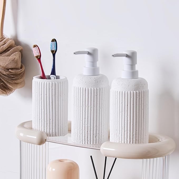 2Pcs White Natural Travertine Textures Hand Soap Dispenser Set, Small Bathroom Countertop Resin Liquid Soap Dispensers, Kitchen Dish Wash Soap Dispensers,Refillable Dispenser with Vertical Stripe