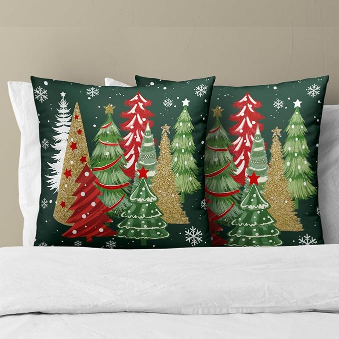Christmas Green Throw Pillow Covers 16x16, Set of 2 Xmas Trees Snowflakes Decorative Pillow Cases Square Cushion Cover for Couch Sofa Bed Farmhouse Holiday Decoration