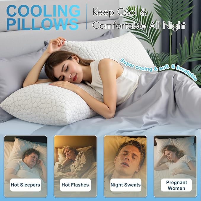 Cooling Bed Pillows for Sleeping, Shredded Memory Foam Pillows 2 Pack, Gel Pillows Standard Size Set of 2, Support Yet Soft Adjustable Pillow for Side, Back Sleepers Home and Dorm Essentials for Deco