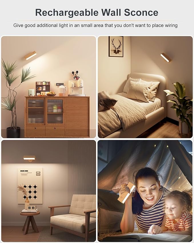 Wall Sconces Rechargeable Wall Lights with 360 Rotation,Dimmable Battery Operated Wall Sconce,Magnetic Wall Light for Bedroom,Wireless Wall Mount Light (Beech Wood, 2Pack-Remote Control)