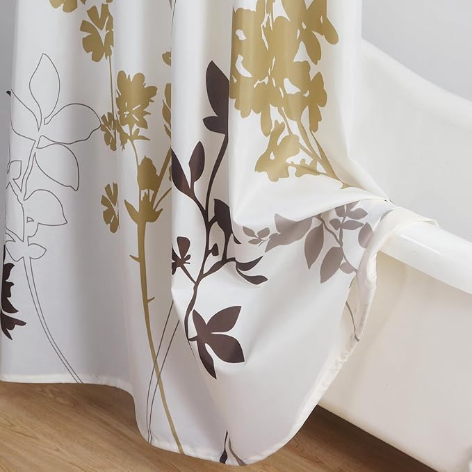Long Floral Fabric Shower Curtain, Beige Brown Grey Plant Shower Curtains for Bathroom, Waterproof Bathroom Curtains, 72" W x 78" H