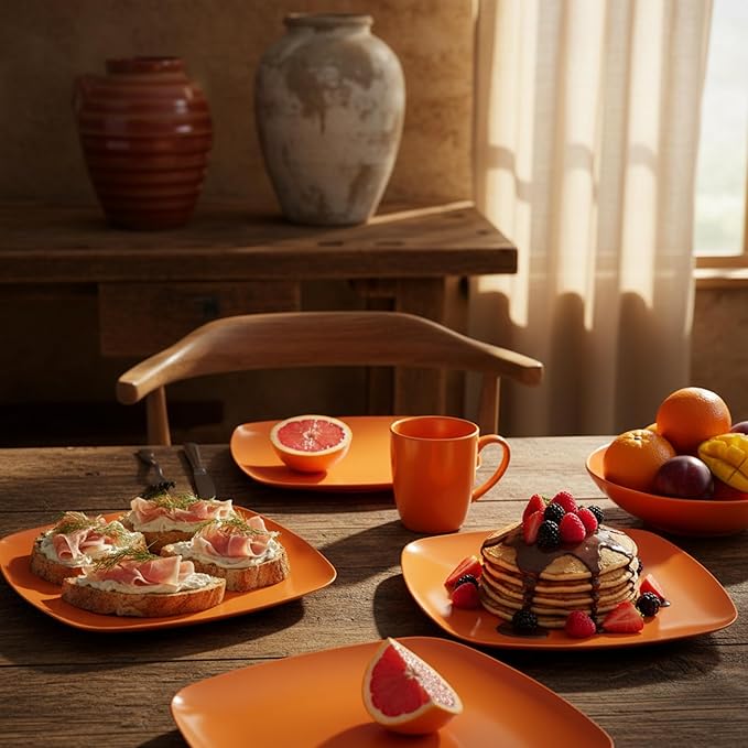 TP 10.5" Melamine Square Dinner Plates, 6-piece Plate Set Unbreakable Serving Dishes for Indoors and Outdoors, Unbreakable Dinner Service for 6, Orange