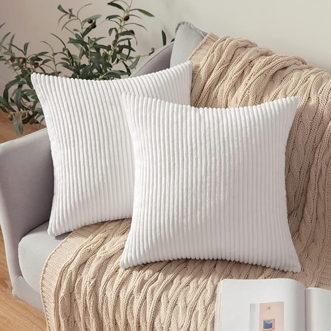 MIULEE Winter Pack of 2 Corduroy Pillow Covers Super Soft Throw Pillow Covers Striped Pillowcases for Sofa Bedroom Couch 20 x 20 Inch Pure White