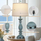 28" Tall Coastal Table Lamps for Living Room Set of 2, Farmhouse Rustic Blue Bedside Touch Lamp with USB C+A Ports & Outlet, 3-Way Dimmable Resin Nightstand Lamps for Bedroom Side End Table