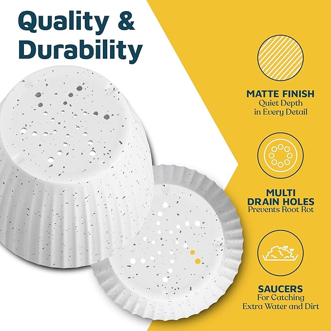 White Gray 6-Inch Plant Pots with Drainage & Saucers 12 Pack, Indoor & Outdoor Planters for Houseplants, Herbs, and Flowers, Durable & Weatherproof Material, Stackable, Lightweight, Minimalist Design