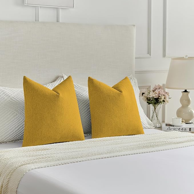 FUTEI Mustard Yellow Chenille Decorative Throw Pillow Covers 26x26 Inch Set of 2,Soft Cozy Faux Linen Textured Euro Pillow Shams,Farmhouse Home Decor for Couch Living Room