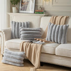 Faux Fur Plush Throw Pillow Covers 12x20 Inch Set of 2 - Luxury Decorative Fuzzy Striped Soft Cozy Pillowcase for Couch, Sofa, Living Room - Light Grey