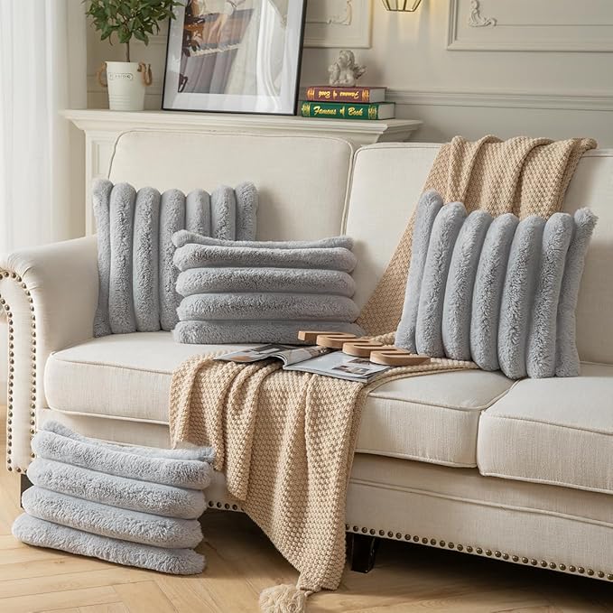 Faux Fur Plush Throw Pillow Covers 18x18 Inch Set of 2 - Luxury Decorative Fuzzy Striped Soft Cozy Pillowcase for Couch, Sofa, Living Room - Light Grey