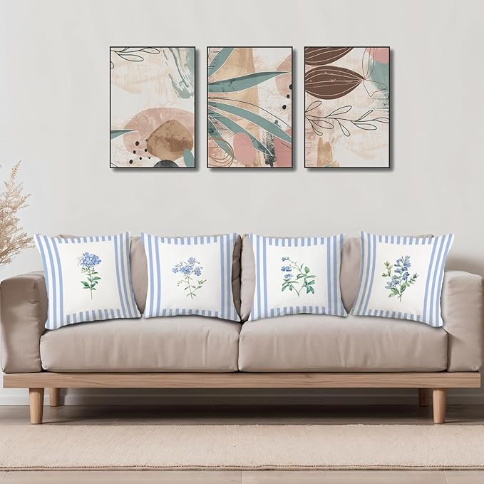 JINYO Vintage Blue and White Striped Floral Pillow Covers 18x18 Set of 4, Floral Decorative Throw Pillow Covers for Living Room Bedroom Home, Flower Room Decor