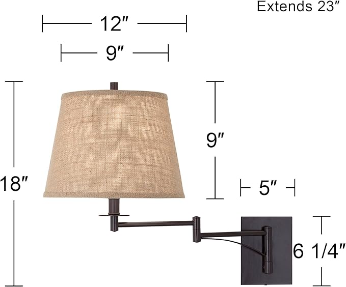 Franklin Iron Works Brinly Farmhouse Rustic Swing Arm Wall Lamp Matte Brown Metal Plug-in 12" Fixture Burlap Hardback Drum Shade for Bedroom Bedside Living Room Hallway Dining House Reading