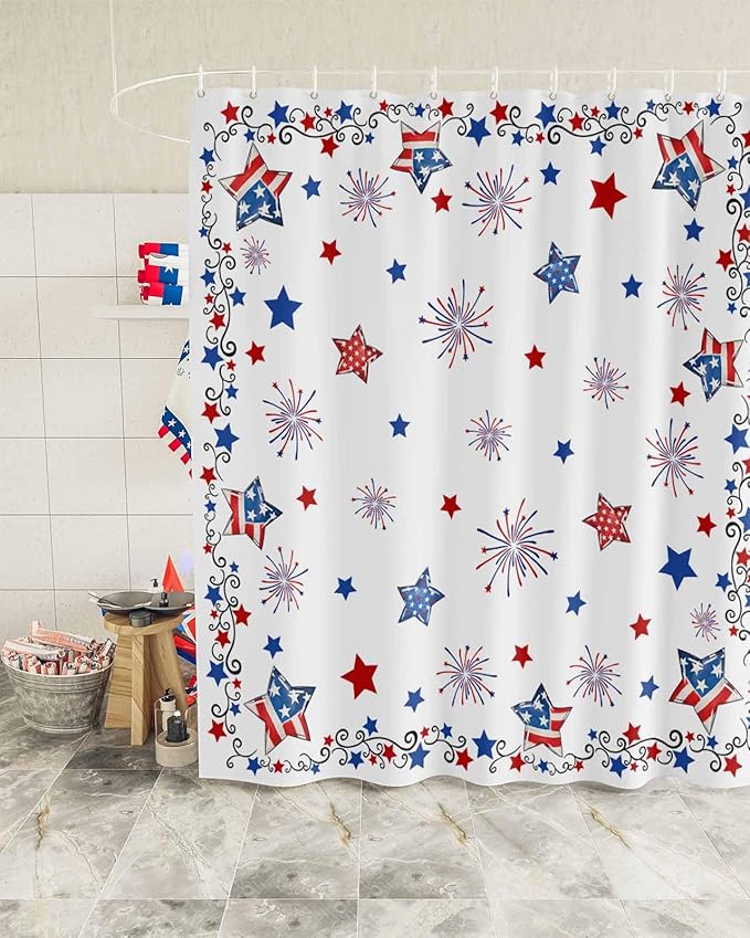 4th of July Shower Curtain, Patriotic Stars Fireworks Shower Curtains Set with Hooks, Red White and Blue Independence Day Waterproof Fabric Bathroom Curtains Decor Accessories,72X 96 Inch Extra Long