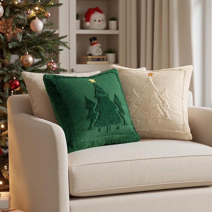 MIULEE Christmas Trees Pillow Covers Set of 2 Decorative Soft Throw Pillows Plush Faux Fur Wool Embroidered Couch Cushion for Holiday Winter Home Decor Chair Sofa Bedroom Living Room,Beige 20x20inch