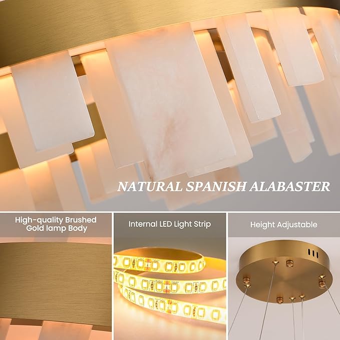 Alabaster Round Chandelier, D24 Inch Natural Spanish Marble Stone Texture Chandeliers, Dimmable Dining Room Chandelier over Table, Modern Luxury Lighting for Living Room, Bedroom, Entryway, Foyer