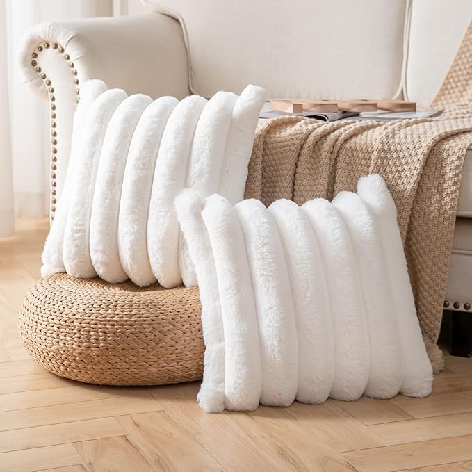 Faux Fur Plush Throw Pillow Covers 24x24 Inch Set of 2 - Luxury Decorative Fuzzy Striped Soft Cozy Pillowcase for Couch, Sofa, Living Room - Cream White