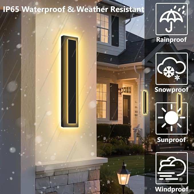 Picico 24in Modern LED Outdoor Wall Lights, Dimmable Black Exterior Wall Sconce Lighting Fixtures, Rectangular Mini Outdoor Garage Lights, 360° Beam Angle,Vertical Outdoor Lights for House Porch