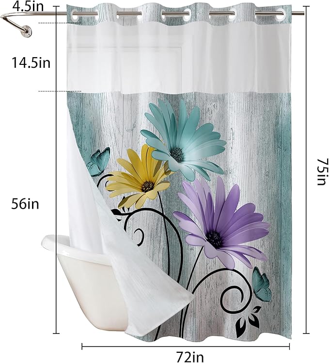Muuyi Farm Teal Watercolor Floral Shower Curtain,No Hook Shower Curtain,Polyester Shower Curtains with Snap in Fabric,Sheer Top Window for Bathroom Decor,Waterproof & Washable,72W x 75L Inch