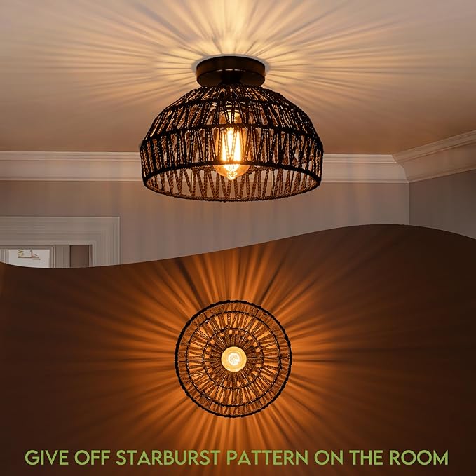Black Rattan Ceiling Light Fixtures Boho Chandelier Small Woven Flush Ceiling Mount Lighting Fixture Close to Ceiling Light for Bedroom Kitchen Entryway Nursery Lights Hallway
