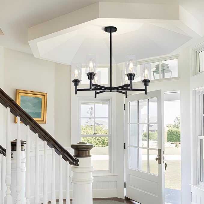 6 Light Farmhouse Chandelier Black Dining Room Light Fixture Over Table Industrial Hanging Pendant Lighting for Living Room Foyer Kitchen Island Adjustable Height E26 Socket with Glass Shade