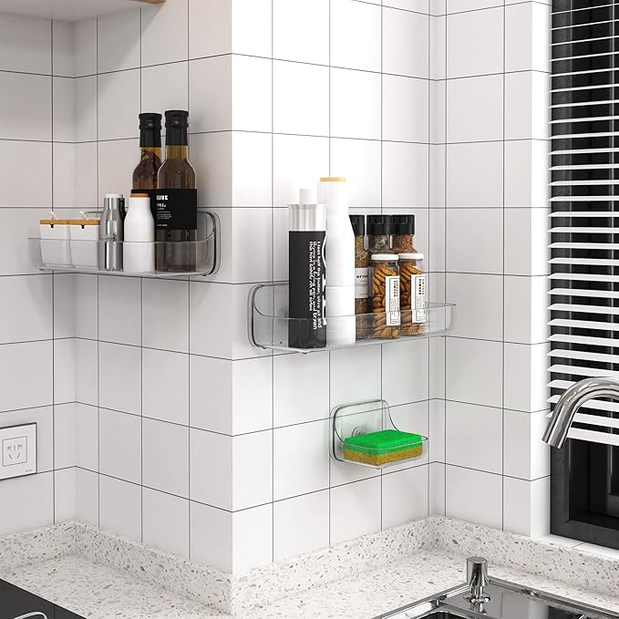 TZAMLI Shower Caddy with Soap Dish, Adhesive Shower Organizer Shelf Plastic Wall Mounted No Drilling Shelves for Bathroom Kitchen Storage (Clear, 3 Pack)