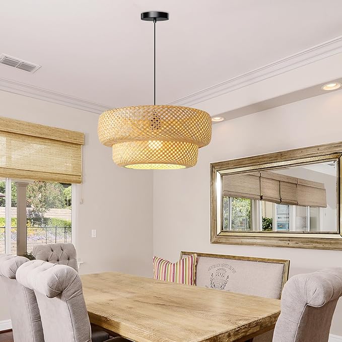 Bamboo Pendant Light, 13.8inch Hand-Woven Wicker Rattan Bamboo Chandelier, 2-Tier Beige Boho Rustic Island Dining Ceiling Hanging Light for Living Room, Kitchen, Farmhouse, Bedroom