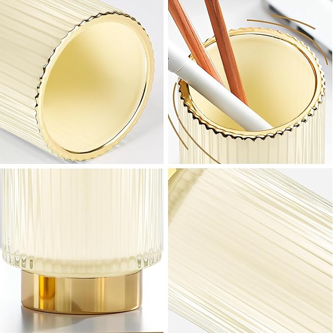 DASITON Makeup Brush holder Organizer,Crystal Cosmetic Makeup Brush Glass Brushes Storage Holder, Vintage Make Up Brush Cup Pen Pencil Holder striped vase(Cream L)
