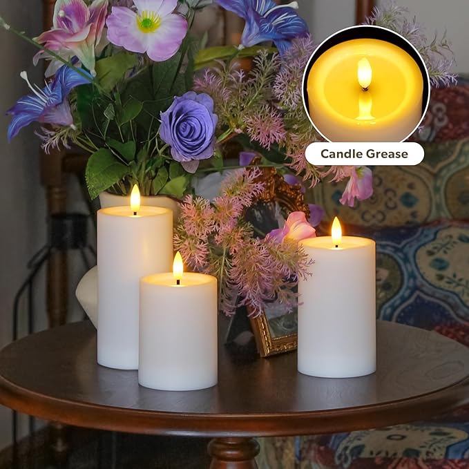 Outdoor 4pcs Flameless Waterproof Candles with Handy Remote Control, Cycle Timer Battery Operated Candle Grease Effect LED Flickering Pillar Plastic Long Lasting (White, 3" x4" 5" 6" 7")