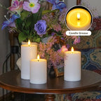 Outdoor 6pcs Flameless Waterproof Candles with Handy Remote Control, Cycle Timer Battery Operated Candle Grease Effect LED Flickering Pillar Plastic Long Lasting (White, 3" x4" 5" 5" 6" 6" 7")