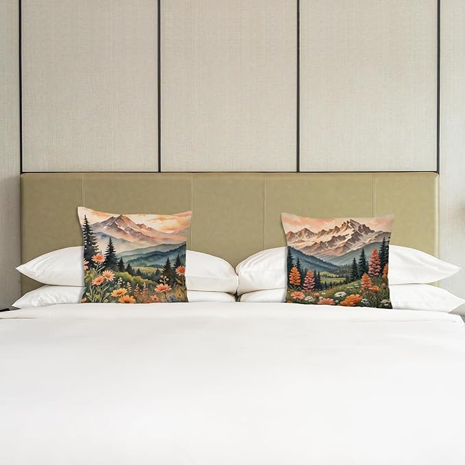 JINYO Watercolor Wildflower Mountain Meadow Pillow Covers 18x18 Set of 2, Pastel Nature Forest Landscape Decorative Throw Pillow Covers for Living Room Bedroom Home, Nature Room Decor