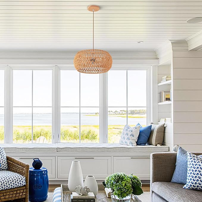 Rattan Light Fixture Dinning Room Pendant Light Boho Chandelier Hanging Light Ceiling Mount Hand Woven Lamp Shade 3-light Drum Chandelier Basket Light for Bedroom Hallway Kitchen Island Light Fixture