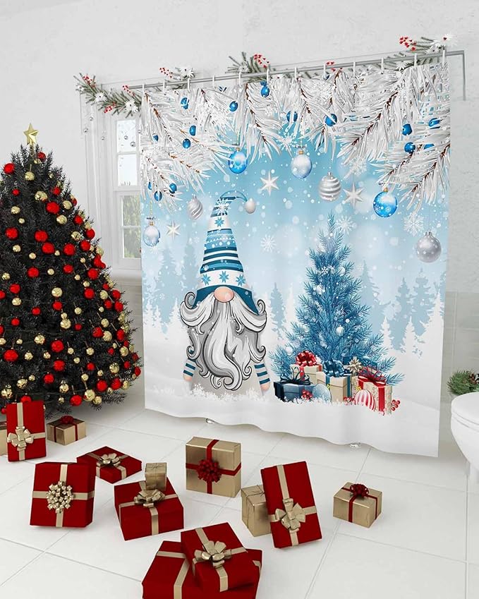 Vandarllin Christmas Gnome Shower Curtain, Winter Merry Christmas Tree Balls Shower Curtains Set with Hooks, Blue Waterproof Fabric Bathroom Curtains Decor Home Accessories, Stall Long 54 X 78 Inch