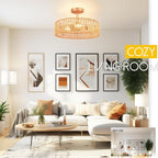 Hamilyeah Boho Flush Mount Ceiling Light Fixture with Rattan Shade, 16 inch Gold Light Fixture Ceiling Mount for Living Room, Bedroom, Kitchen
