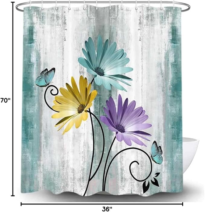 Rustic Farmhouse Shower Curtain, Farm Teal Daisy Floral Flowers and Butterfly on Country Wooden Shower Curtain for Bathroom, Turquoise Blue Bathroom Shower Curtains with 6PCS Hooks, 36X70IN