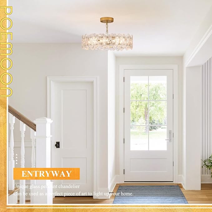 Modern Clear Flower Glass Chandelier 20" Elegant 6 Lights Gold Chandelier Light Fixture Luxury for Living Dining Room Kitchen Entryway Bedroom Foyer, E12