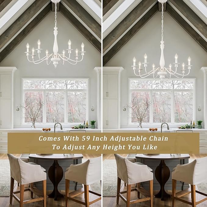 Distressed White French Country Chandelier 8 Lights Rustic Farmhouse Chandelier for Dining Room Light Fixture Candle Pendant Lights Handmade Wood Chandeliers for Living Room Bedrooms Kitchen