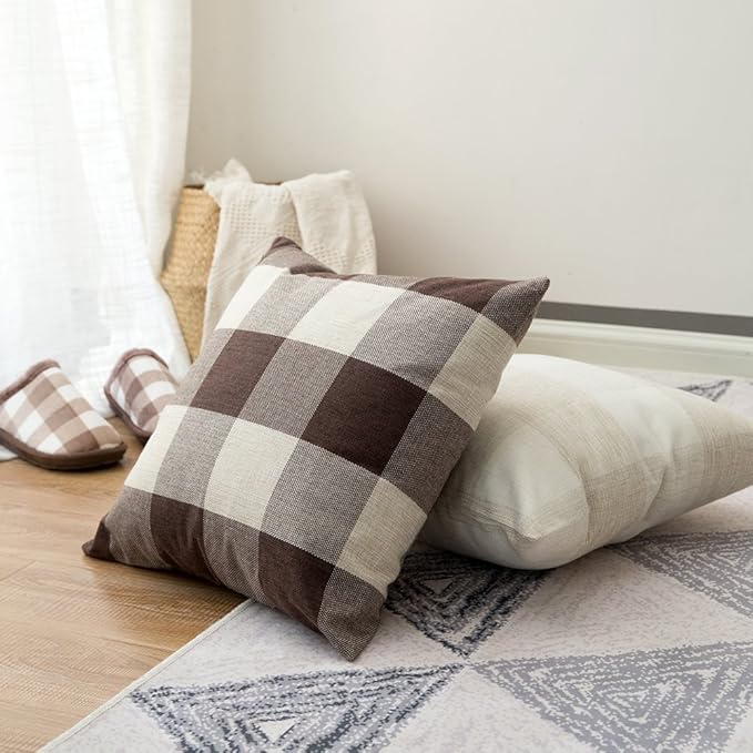 MIULEE Pack of 2 Classic Farmhouse Buffalo Check Plaids Polyester Linen Soft Soild Decorative Square Throw Pillow Covers Home Decor Outdoor Cushion Case for Sofa Bedroom 18 x 18 Inch, Brown and White