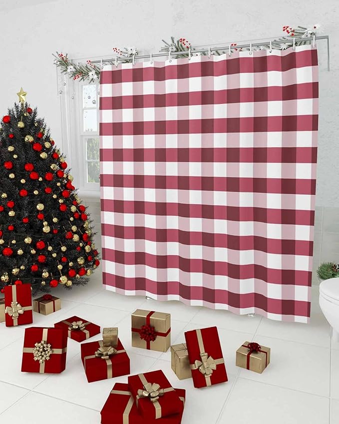 Christmas Shower Curtain, Rustic Burgundy White Buffalo Check Plaid Pattern Shower Curtains Set with Hooks, Farmhouse Waterproof Fabric Bathroom Curtains Decor Home Accessories,Stall 48 X 72 Inch