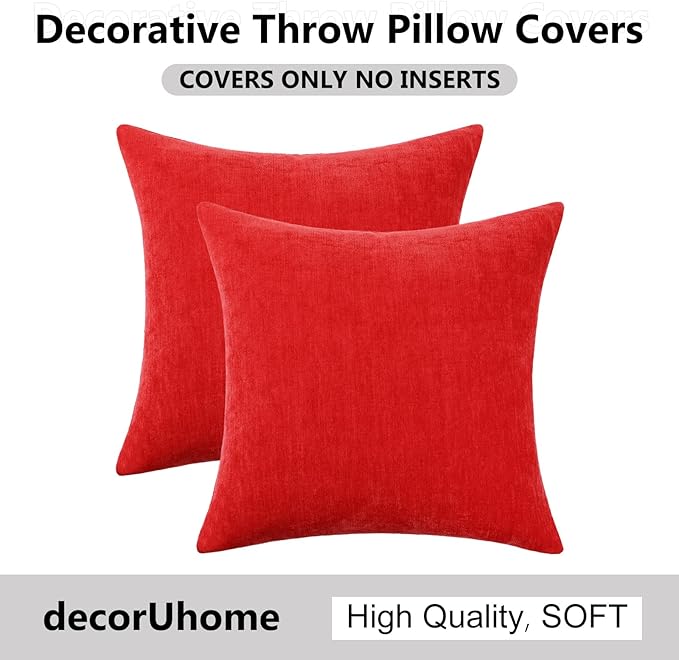 decorUhome Chenille Red Throw Pillow Covers 20x20 Inch Set of 2, Decorative Soft Couch Pillow Covers Solid Dyed Accent Velvet Farmhouse Neutral Square Christmas Pillow Cases for Sofa Bed Living Room